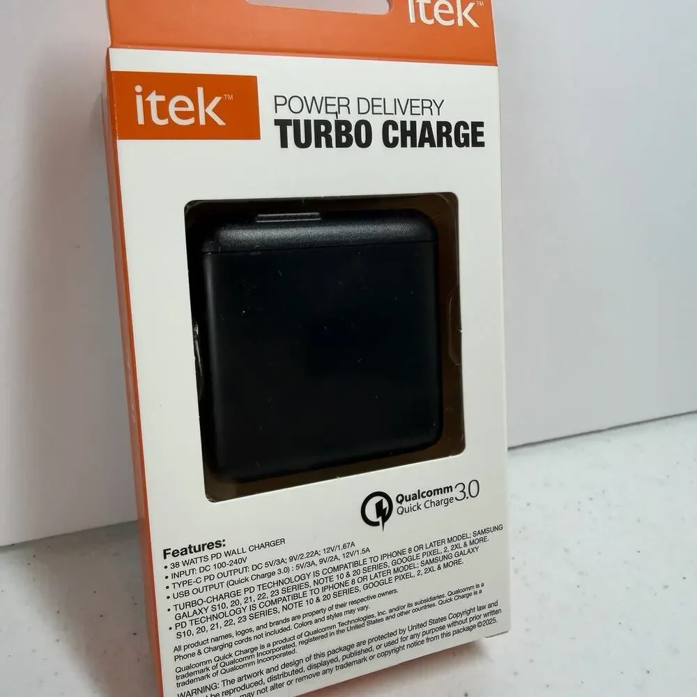 Tek 38W Power Delivery Turbo Wall Charger – Fast Charge, Black, New In Box